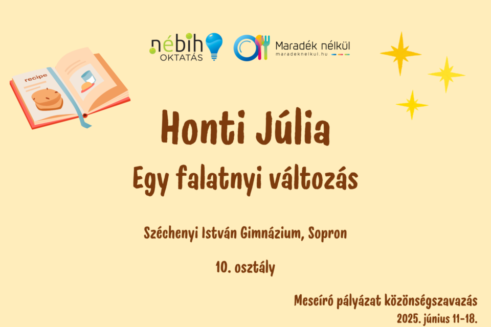 Nébih logó, Maradék nélkül logó receptes könyv Honti Júlia Egy falatnyi változás Széchenyi István Gimnázium, Sopron 10. osztály Meseíró pályázat közönségszavazás 2025. június 11-18.