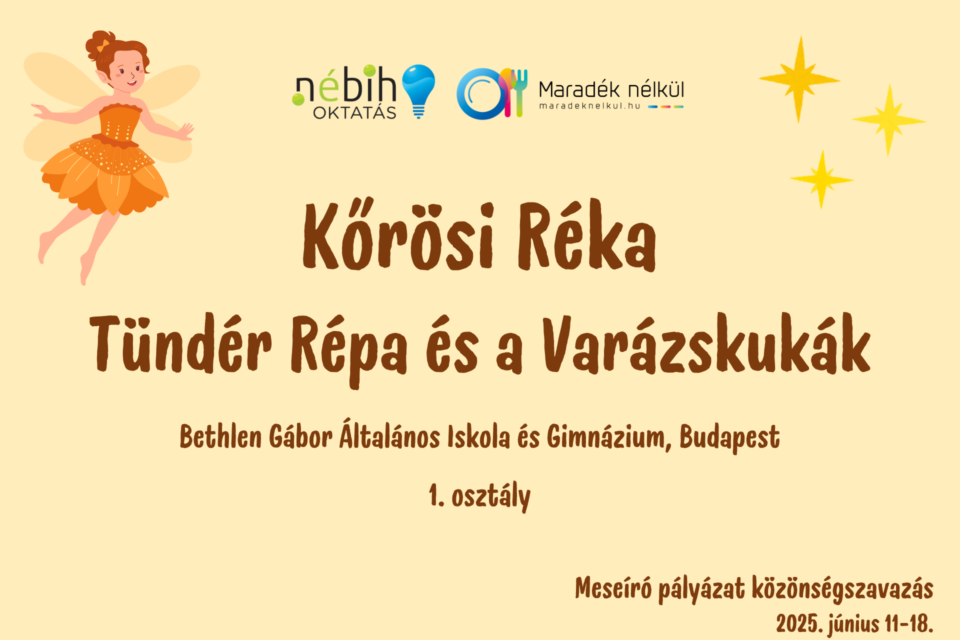 Nébih logó, Maradék nélkül logó tündér Kőrösi Réka Tündér Répa és a Varázskukák Bethlen Gábor Általános Iskola és Gimnázium, Budapest 1. osztály Meseíró pályázat közönségszavazás 2025. június 11-18.